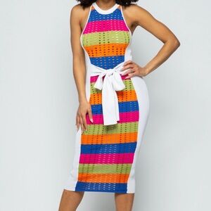 Colorful Striped Knit Front Tie Crochet Dress
